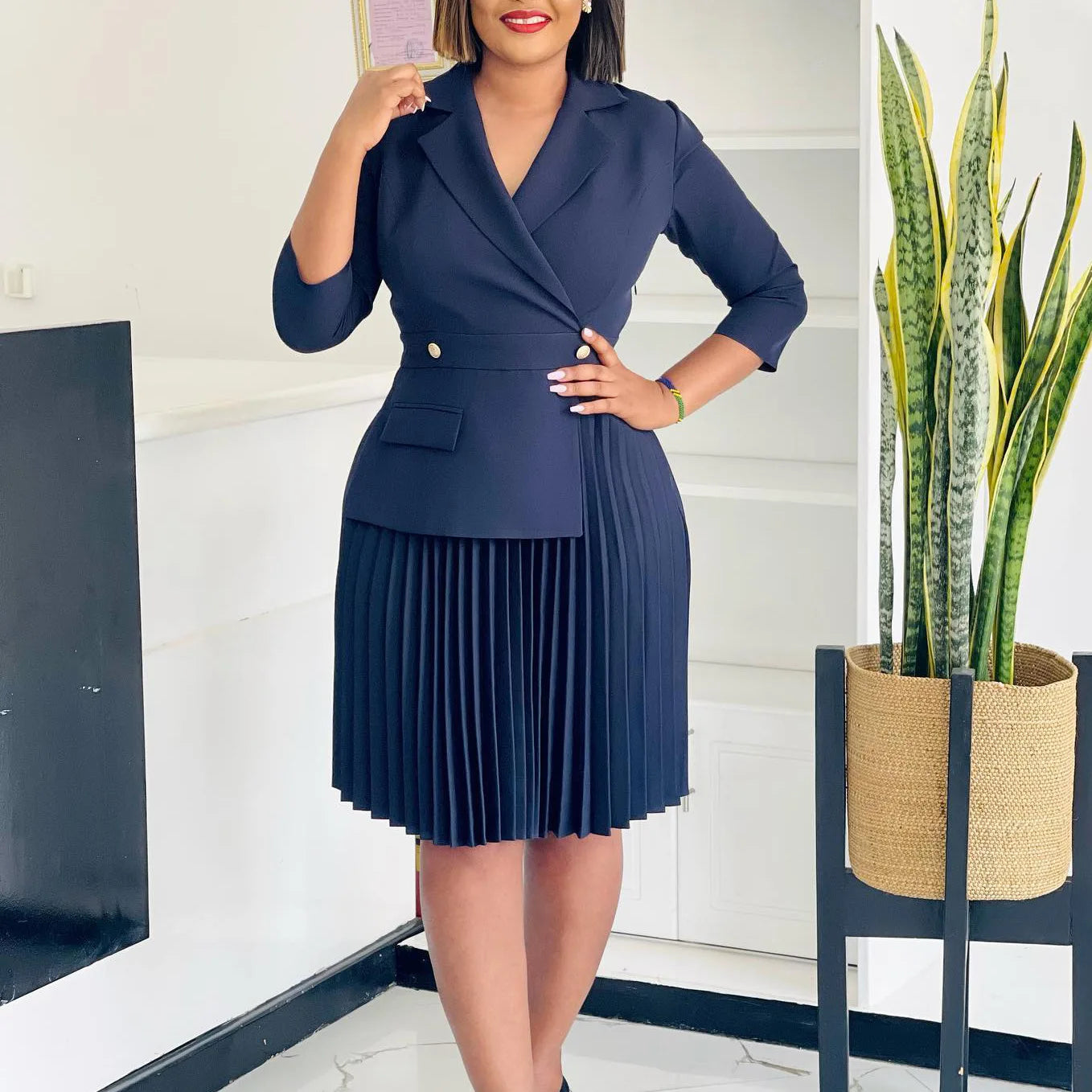 Elegant Dresses for Women Blazer Turn Down Collar Pleated Modest Church Office Ladies Work Wear Female African Slim Autumn New