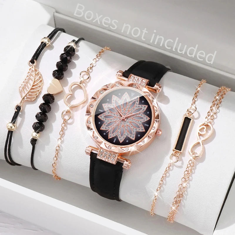 6PCS/Set Fashion Heart Dial Women's Watch Casual Leather Band Analog Quartz Watch Leaf Bracelets Set（Without Box）