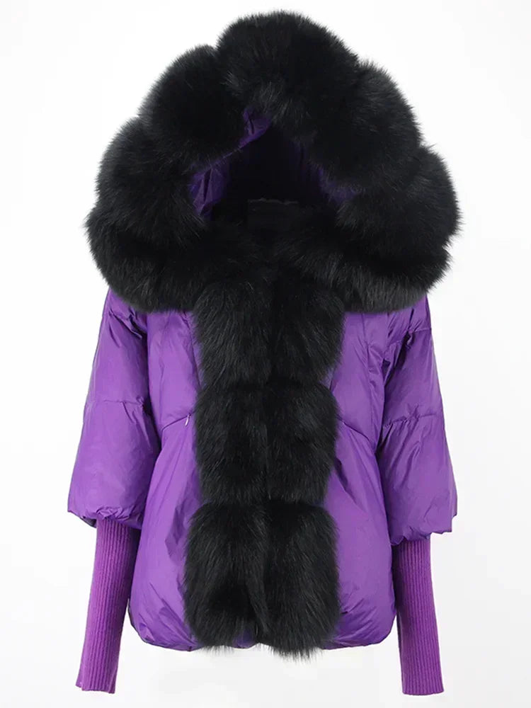 2024 Winter Puffer Jacket Women Real Fox Fur Collar Hooded Natural Thick Warm Loose Oversize Duck Down Coat Streetwear Outerwear