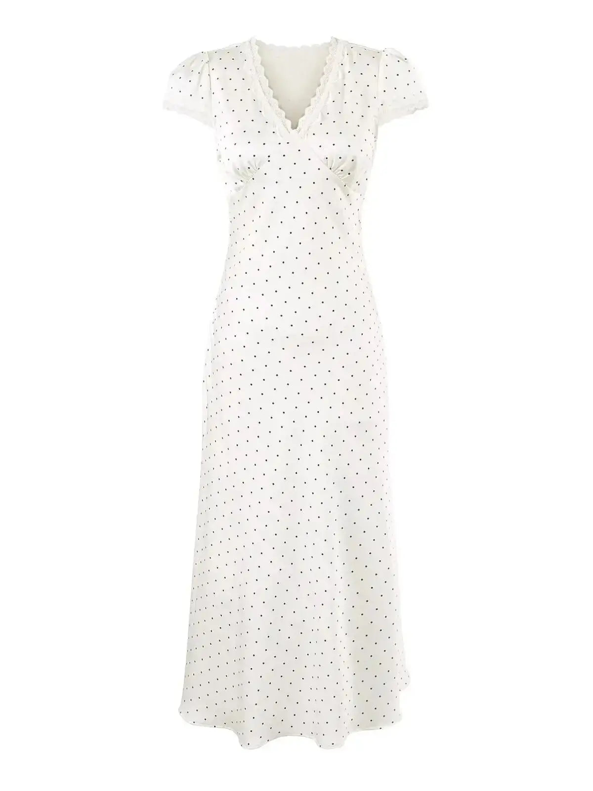 Chu Sau beauty Women New Fashion Sweet Polka Dot Print Chic Lace Patchwork V-neck Long Dress Vintage Short Sleeve Party Dresses