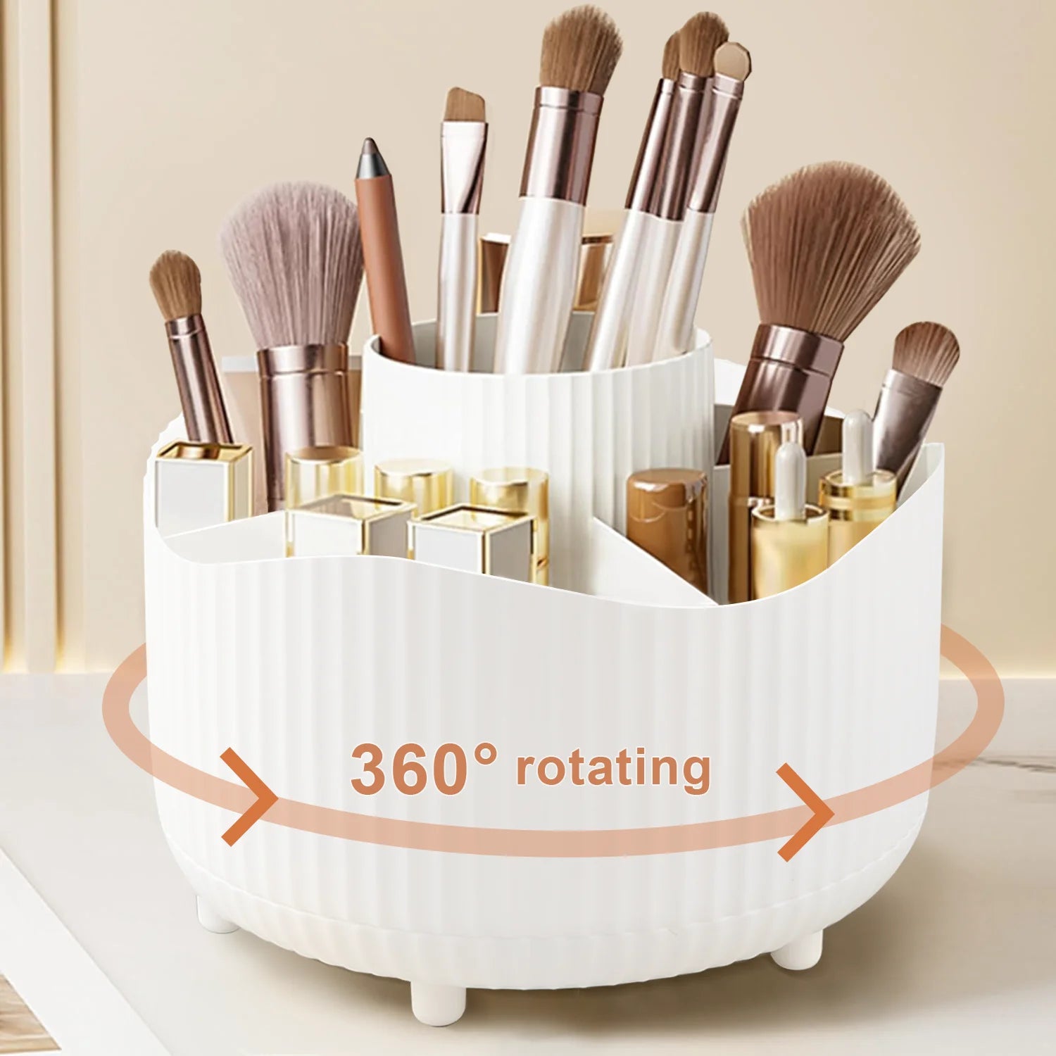 Rotating Makeup Organizer, Cosmetic Display Case with Brush Holder Perfume Tray, Storage Carousel for Vanity Bathroom Countertop