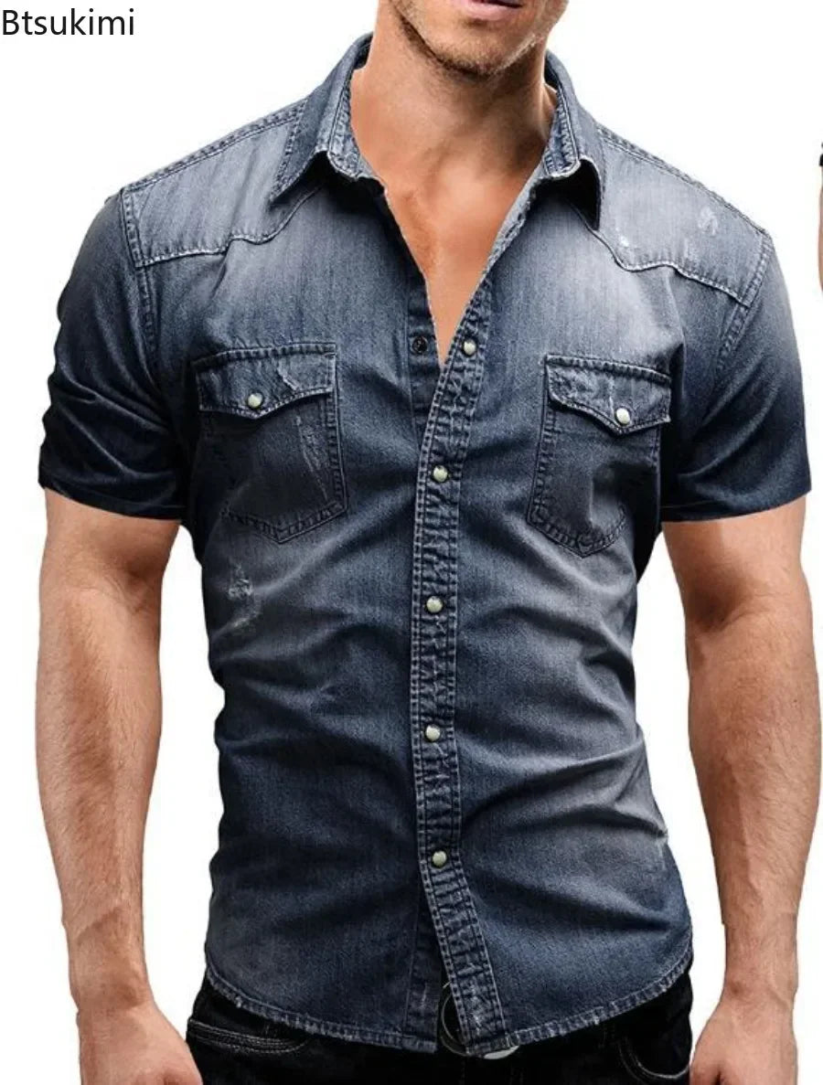 New 2026 Men's Denim Shirt Fashion Short Sleeve Soft Solid Slim Cowboy Tops Men Trend Streetwear Vintage Casual Cardigan T-shirt