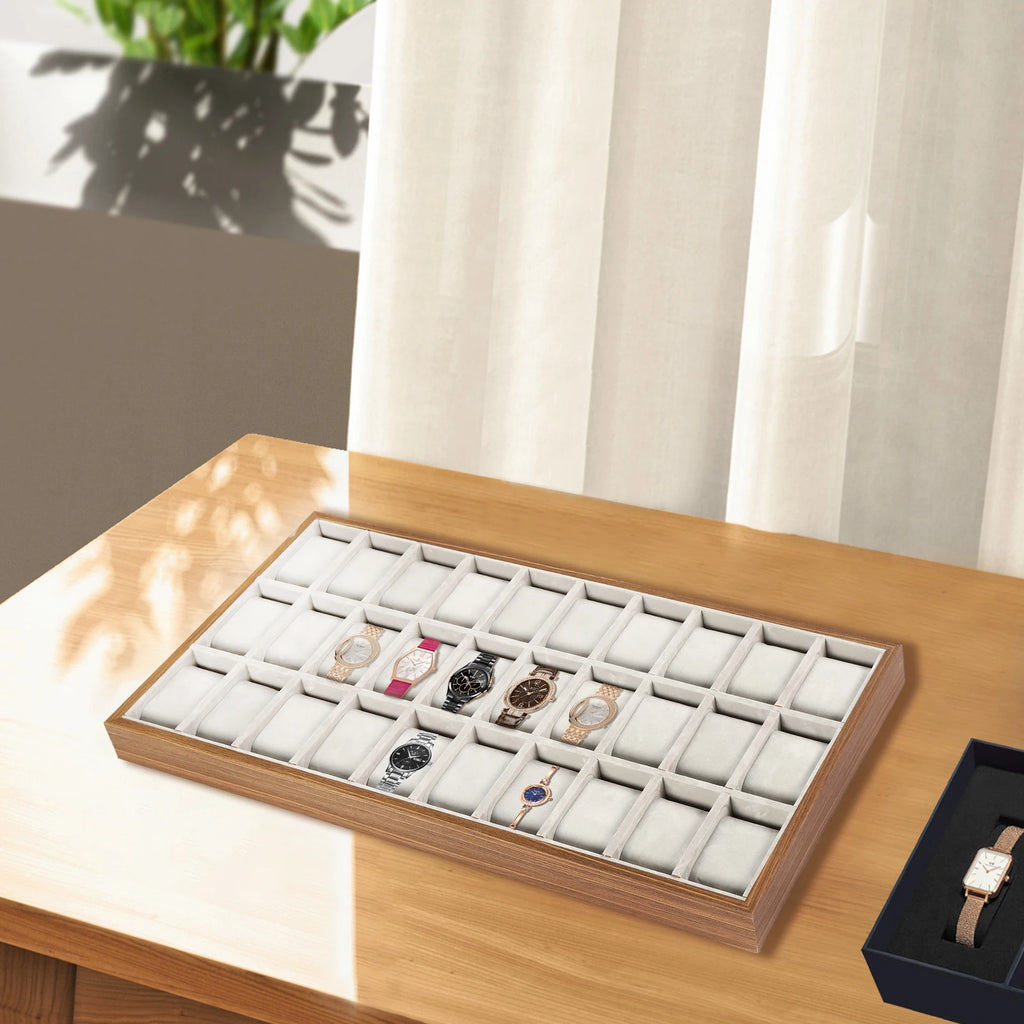 30-Slot Watch Display Box, Suede-Lined Organizer, Jewelry Storage for Watches, Bracelets, Necklaces, Earrings, Rings