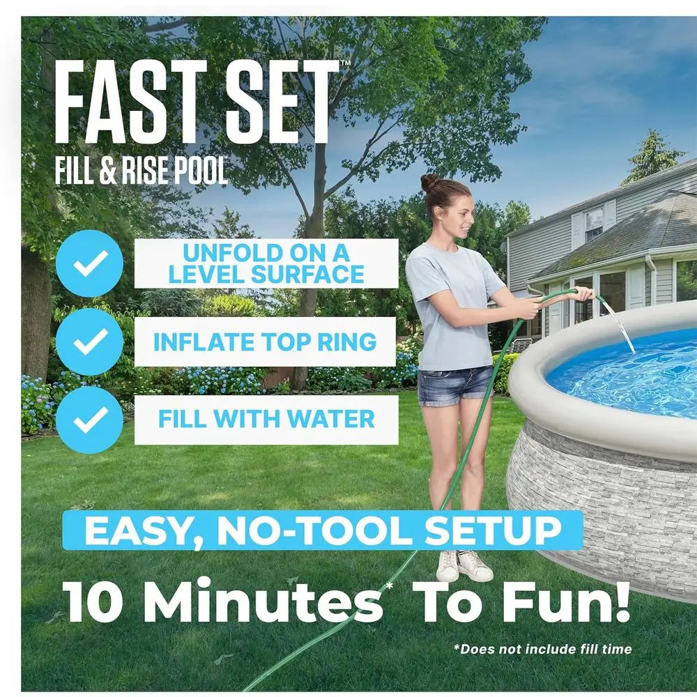 12' x 30 Round Above Ground Swimming Pool Set with Stacked Stone Exterior, Outdoor Family Pool, Gray
