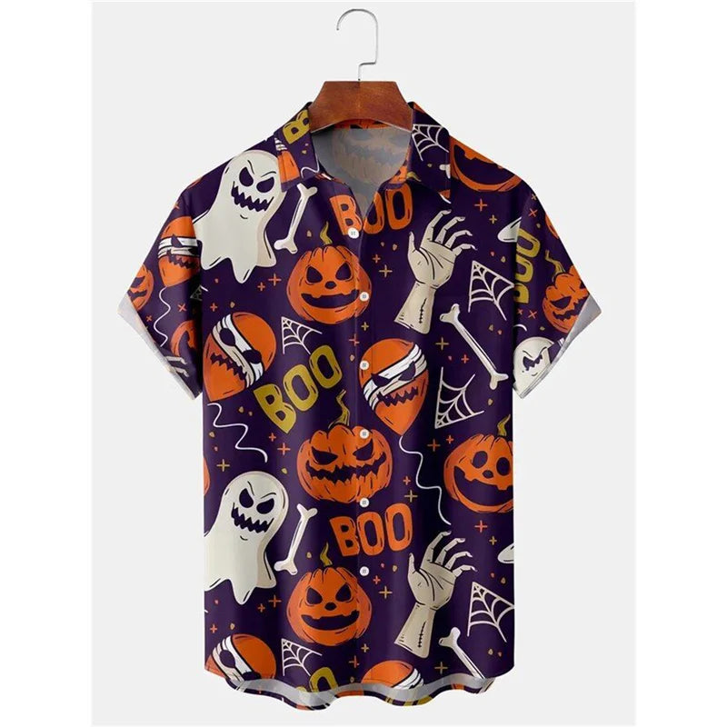 Pumpkin Bat Graphic Hawaiian Shirt For Men Women Halloween 3D Printed Aloha Shirts Summer Casual Short Sleeve Blouse Lapel Tops