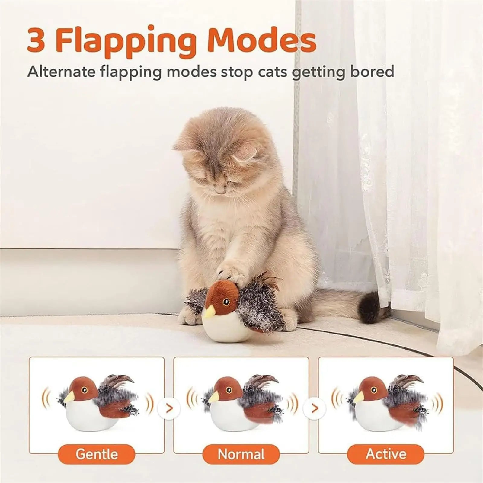 Interactive Cat Bird Toy 3 Levels Adjustable Simulated Chirping Electric Soft Plush with Flapping Wings for Kittens
