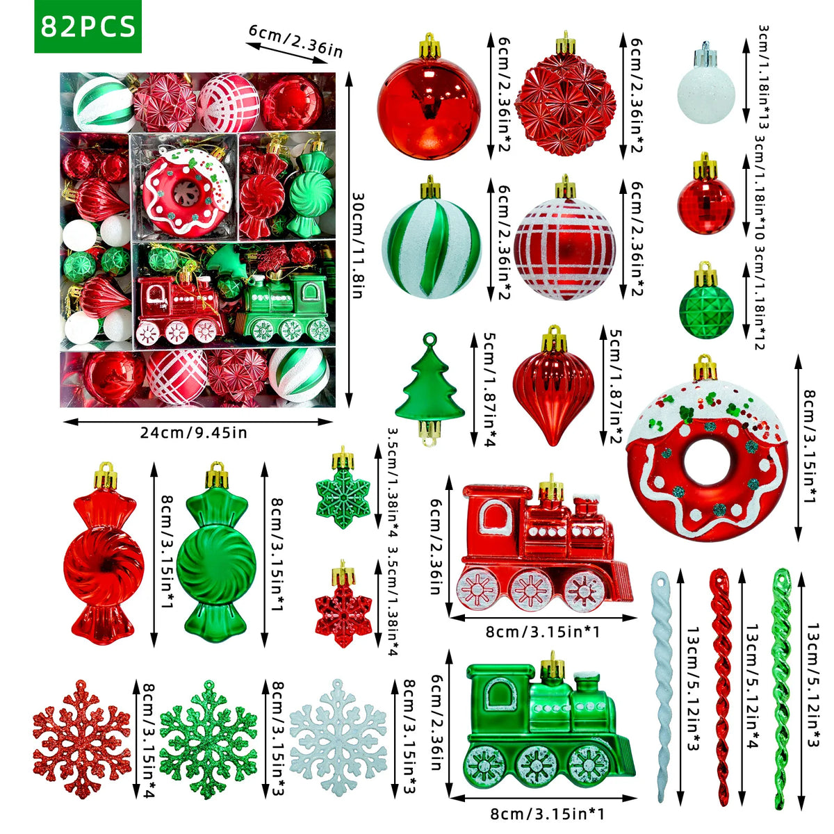 82PCS Assorted Christmas Ornaments Set Large Christmas Tree Decorations 3–8CM Christmas Balls Assorted Xmas Ornaments Decor Set
