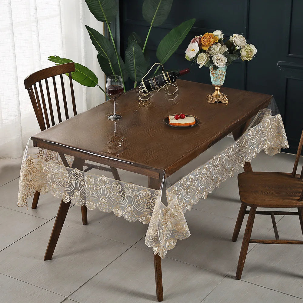 Clear Plastic Waterproof Tablecloth,Vinyl PVC Rectangle Table Cloth Oilproof Lace Table Cover for Dining Table Outdoor Decor