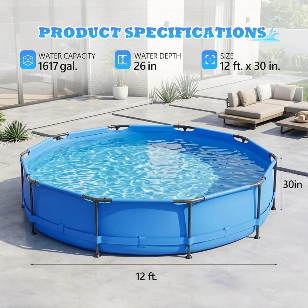 Round Above Ground Swimming Pool 12FT x 30IN Metal Frame Outdoor Portable Water Pool for Adults Family Friends Backyard