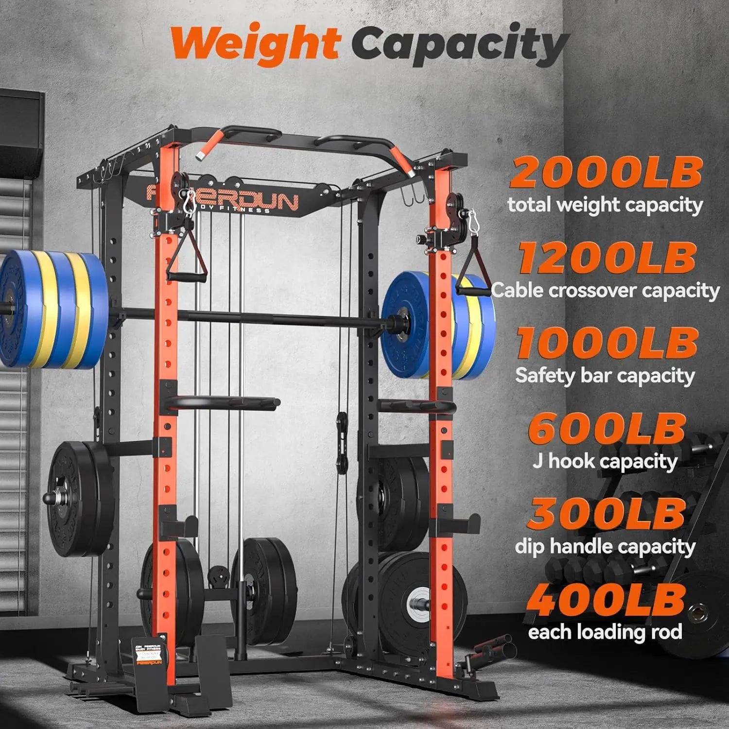 FLA01 Power Cage Multi Function Squat Rack with Cable Crossover System,2000LBS Capacity with LAT Pulldown,10-in-1, Customized