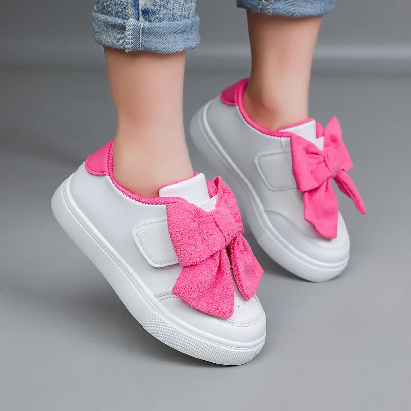 Little Kids Sneakers for Girls 2026 Spring Autumn Fashion White Skate Shoes Girls Casual Shoes with Big Pink Bow-knot Hot Sale