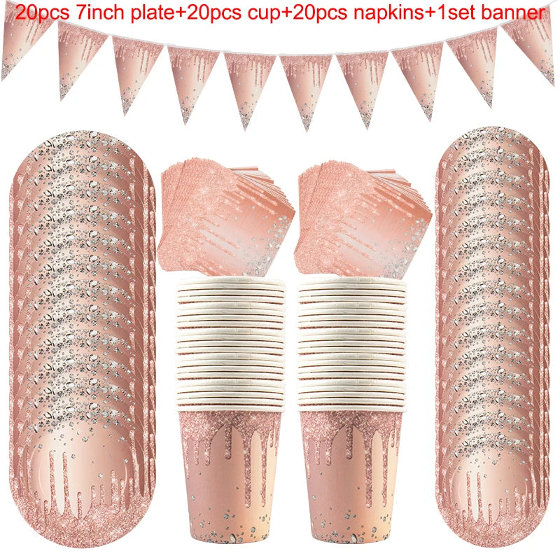 Rose Gold Disposable Tableware Diamond Pattern Paper Cups Plates Straws Table Decoration Wedding Birthday Party Supplies