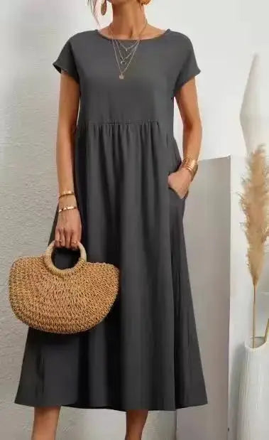 Dresses for Women  Cotton Linen Midi Casual  Short Sleeve Loose A-Line Sundress with Pockets  Solid Color Oversized Long Dress