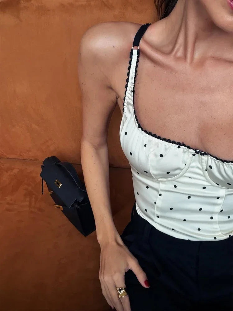 Retro Polka Dot Sling Short Tops Women Sexy Square Neck Off-shoulder Slim Cropped Blouse 2026 Lady Spring Daily Street T-shirt