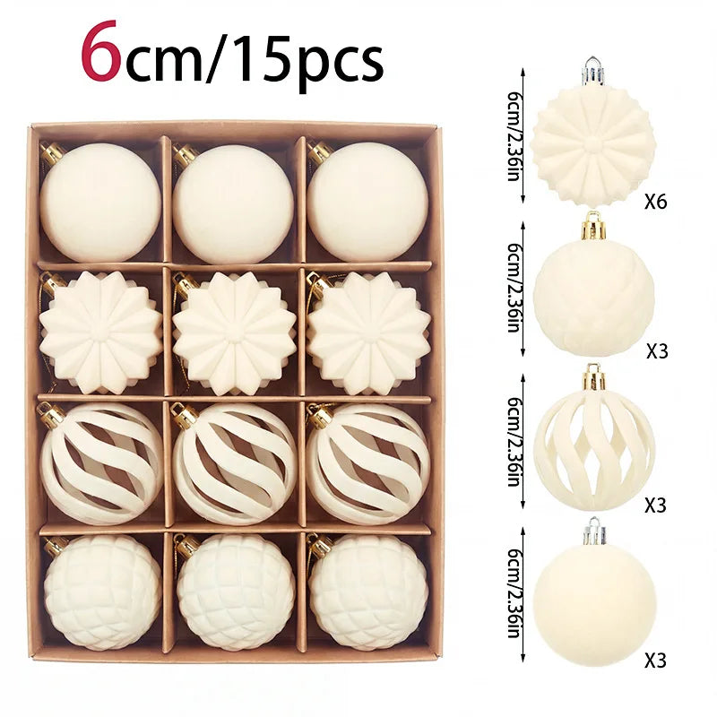 6CM Christmas Balls Set 15PCS Soft Velvet Flocked Ball Ornaments 4 Shapes Christmas Tree Decorations Home Gift Holiday Decor