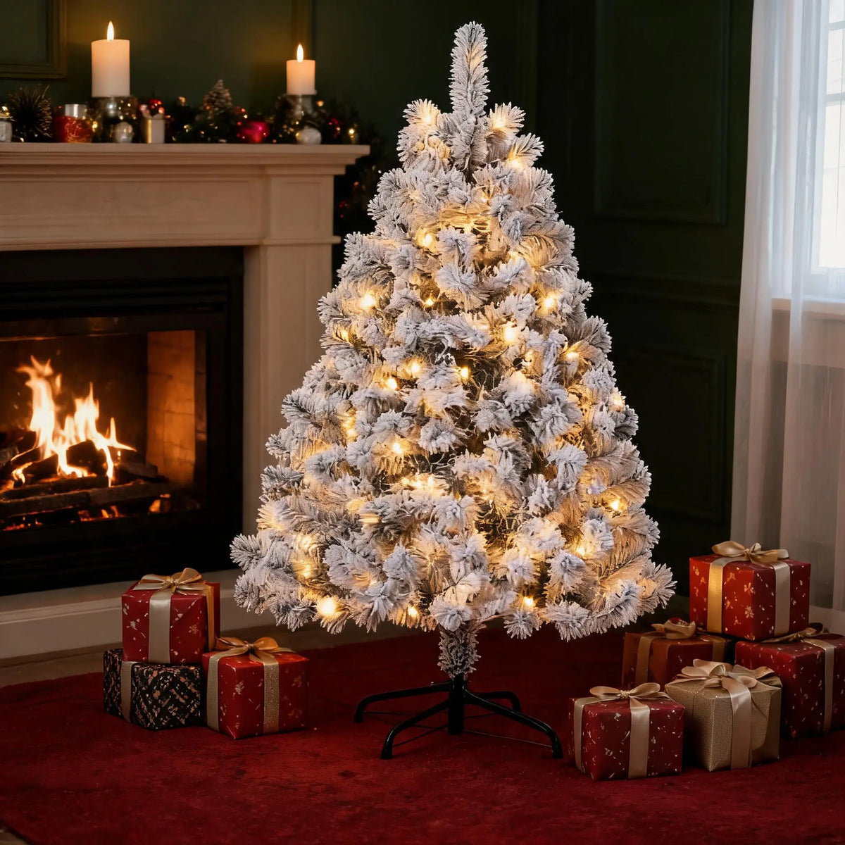6FT Pre-Lit Snow Flocked Artificial Christmas Tree, 100 Warm White Incandescent Lights, 318 PVC Hints, Foot Pedal Switch, Collapsible Metal Stand, Easy Assembly Indoor Holiday Decor