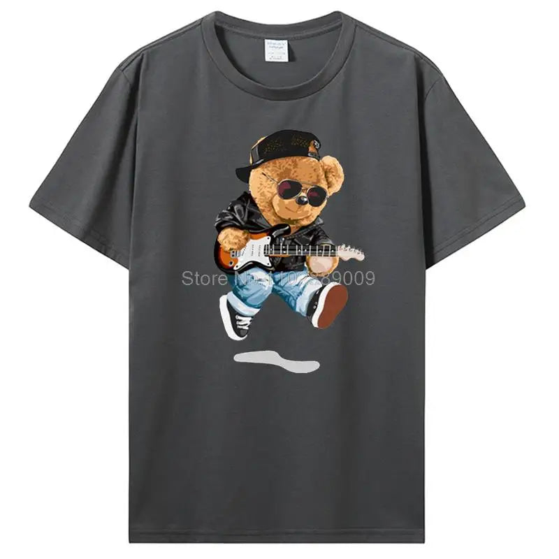 Teddy Bear Playing Badminton T-shirt Cotton Clothing Tops Graphics Kawaii Men Women Short Sleeve Print TShirt Tees