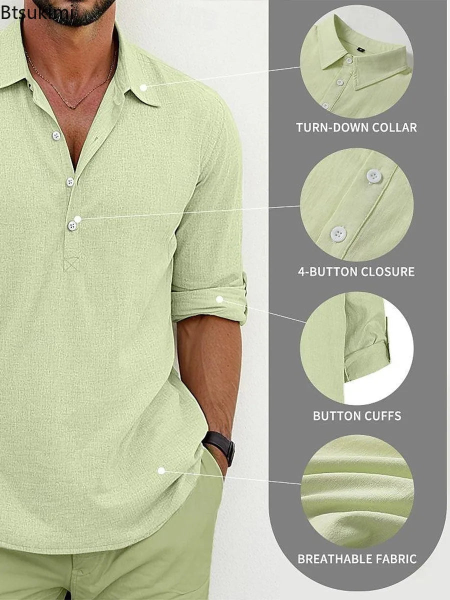 2026 Summer High Quality Men's Casual Cotton Linen Long Sleeve Shirt Solid Color Lapel Button Loose Tops Business Casual Blouse
