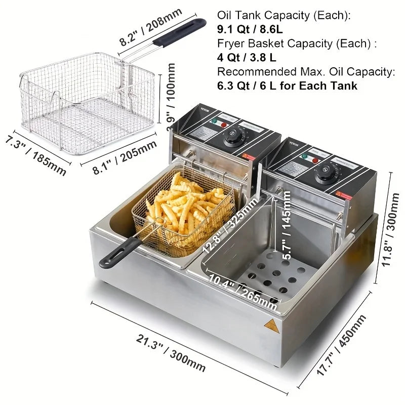 Commercial Deep Fryer, Electric Desktop Basket Fryer, 6L/12L Stainless Steel Fryer with Temperature Control
