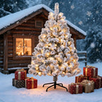 6FT Pre-Lit Snow Flocked Artificial Christmas Tree, 100 Warm White Incandescent Lights, 318 PVC Hints, Foot Pedal Switch, Collapsible Metal Stand, Easy Assembly Indoor Holiday Decor