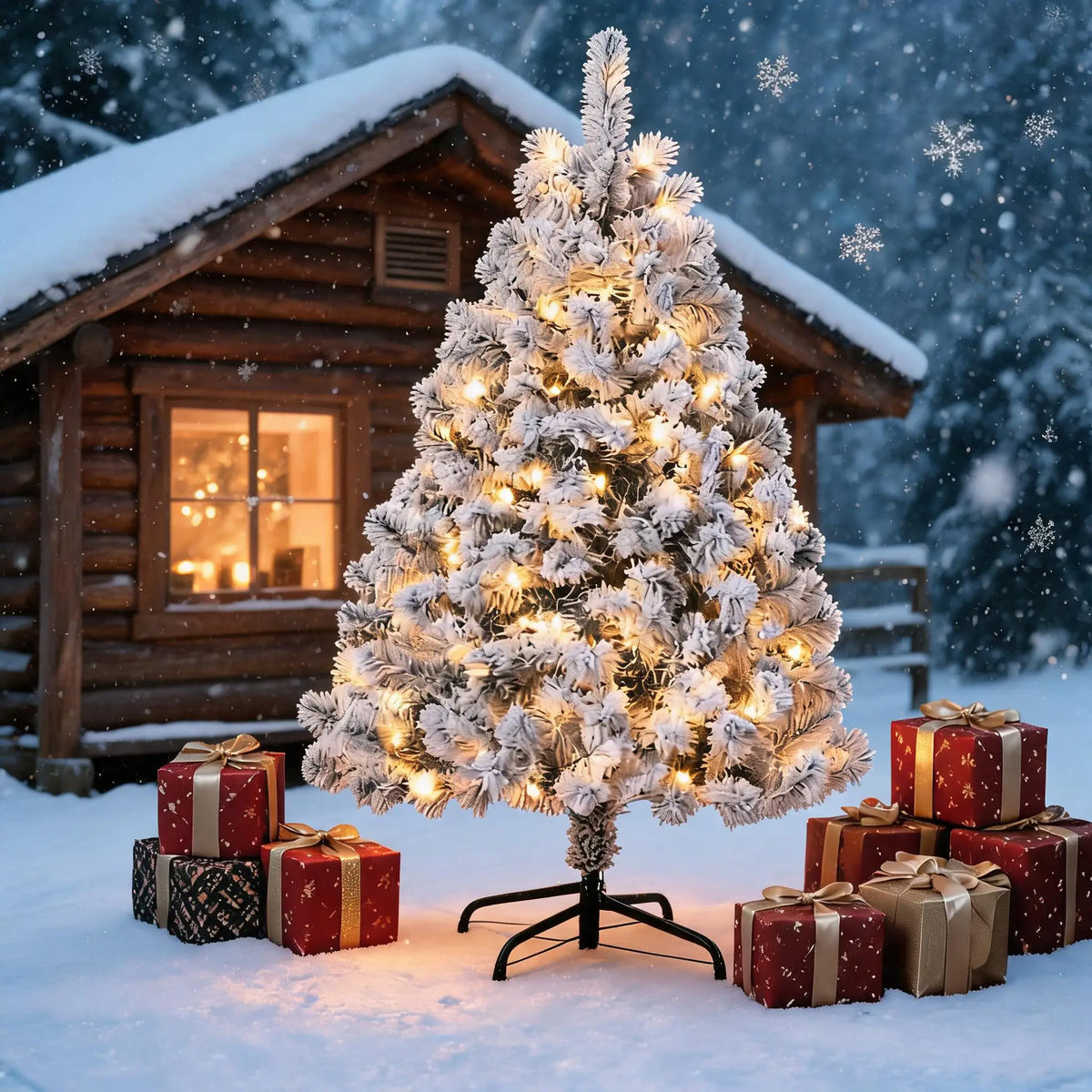 6FT Pre-Lit Snow Flocked Artificial Christmas Tree, 100 Warm White Incandescent Lights, 318 PVC Hints, Foot Pedal Switch, Collapsible Metal Stand, Easy Assembly Indoor Holiday Decor