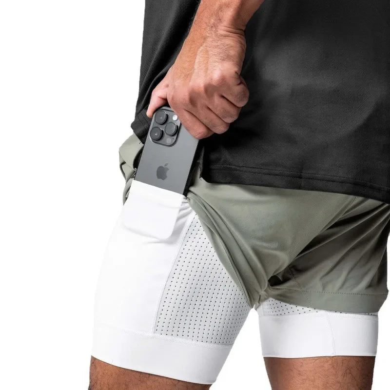 Men's Summer Gym Fitness Double Layered 2-in-1 Quick Drying Running Exercise Jogging Shorts Bodybuilding Sports Pants