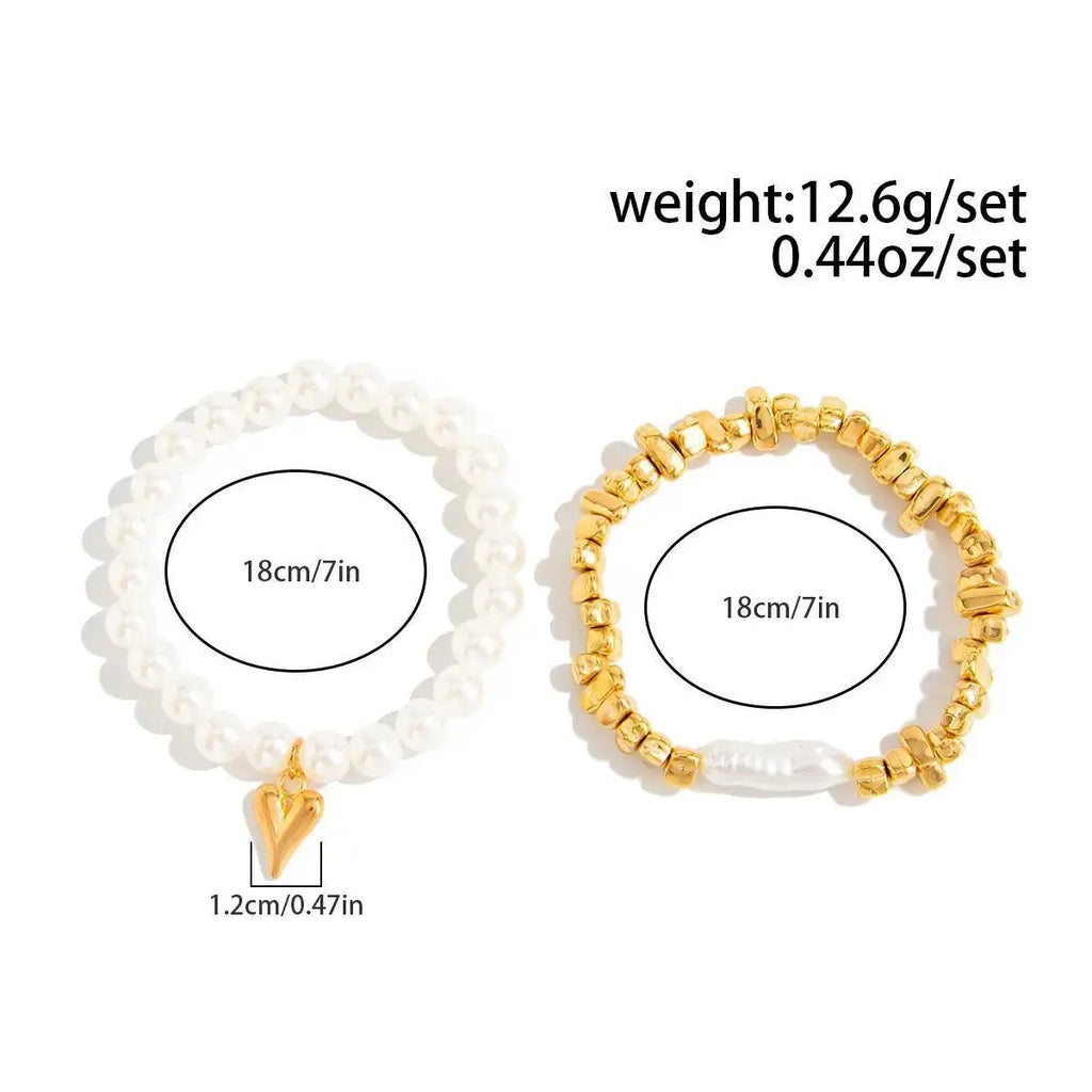 2Pcs/Set Elegant Imitation Pearl Bracelet for Women Bohemian Elastic Rope Chain Bracelet with Heart Pendant Jewelry Gift