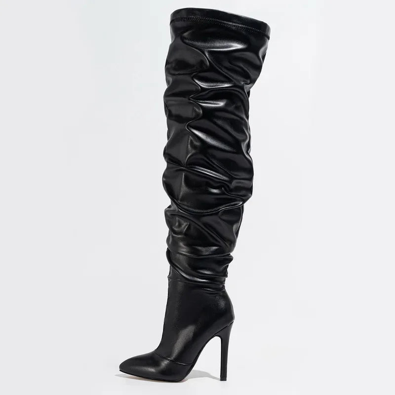 Women Side Zipper High Thin Heel Long Boots Spice Girl Pleated Over Knee High Boots for Outdoor Nightclub Pub Party Gathering