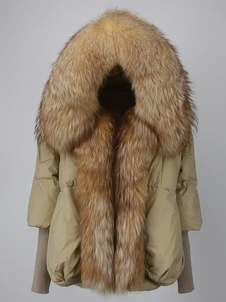 2024 Winter Puffer Jacket Women Real Fox Fur Collar Hooded Natural Thick Warm Loose Oversize Duck Down Coat Streetwear Outerwear
