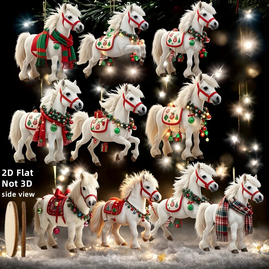 10pcs Elegant White Horse 2D Wooden Decorations Hanging on Christmas Trees As Christmas Decorations Xmas Party Best Giving Gifts