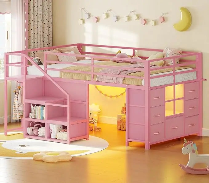 Low Loft Bed Twin Size with Stairs, LED Lights, 7 Drawers & Storage for Kids, Black