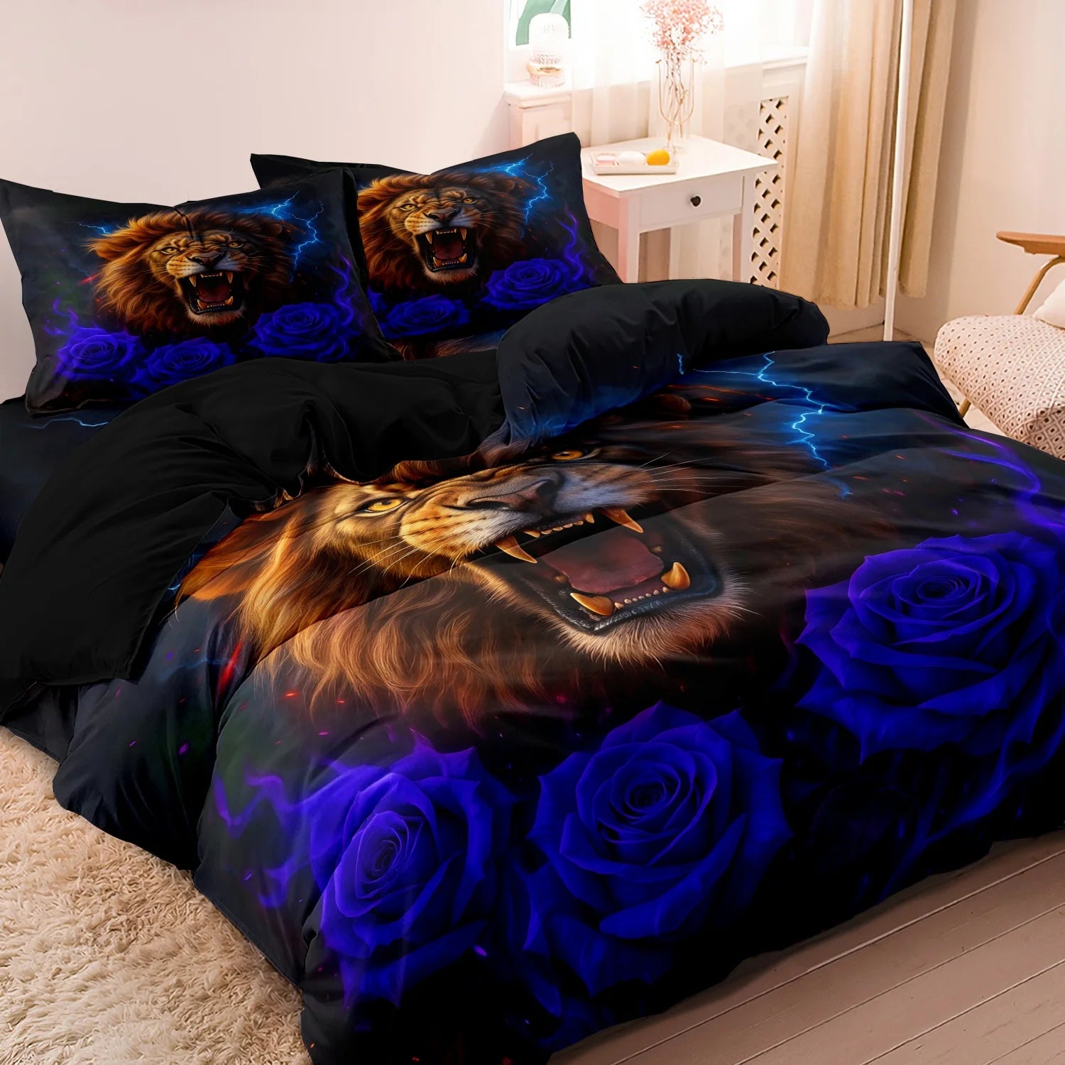 3pcs Set,Romantic Wolf & Rose Print Bedding Duvet Cover Set (1 Duvet Cover + 2 Pillowcases), HD Print For Home And Dorm Use