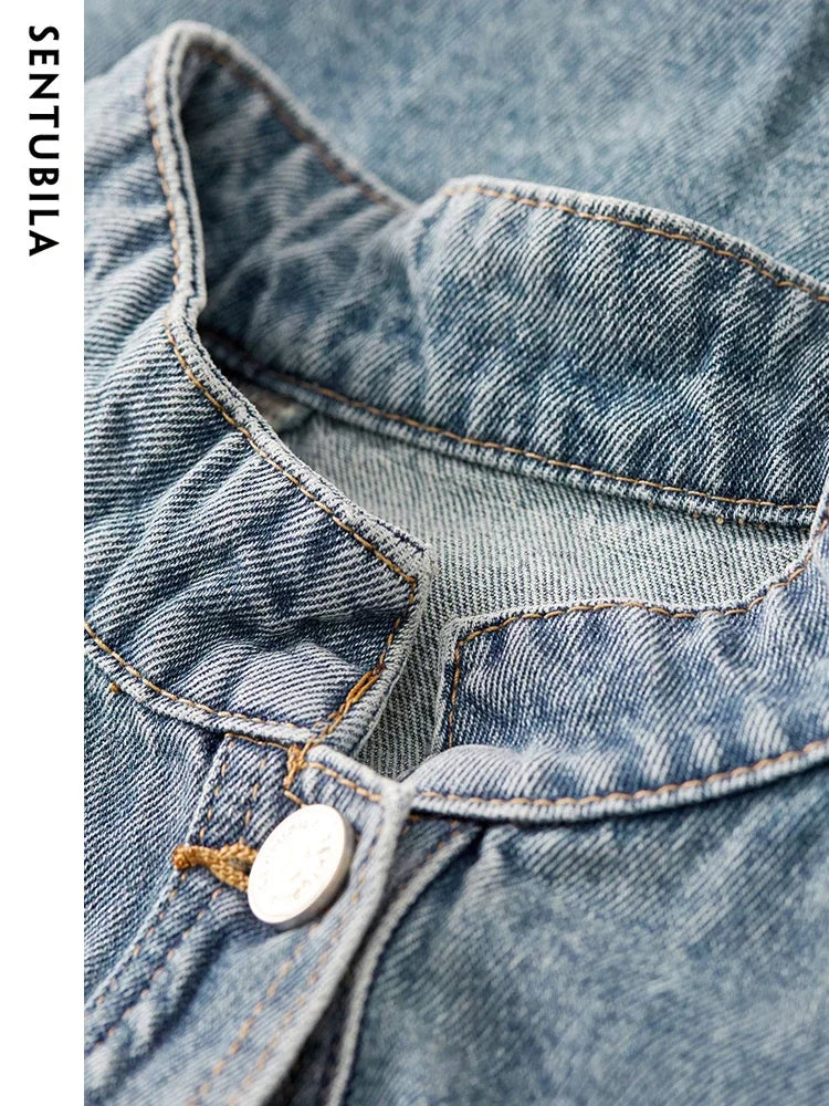 SENTUBILA Cropped Denim Jacket Coat For Women 2026 Spring Casual Stand Collar Long Sleeve Cotton Jeans Jackets Outwear W33W50369