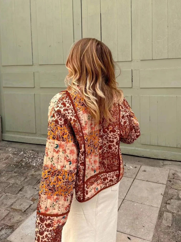 2025 New Autumn Vintage Print Patchwork Cotton Woman Coats Casual Loose Full Sleeve Short Jackets Winter Female Outerwear