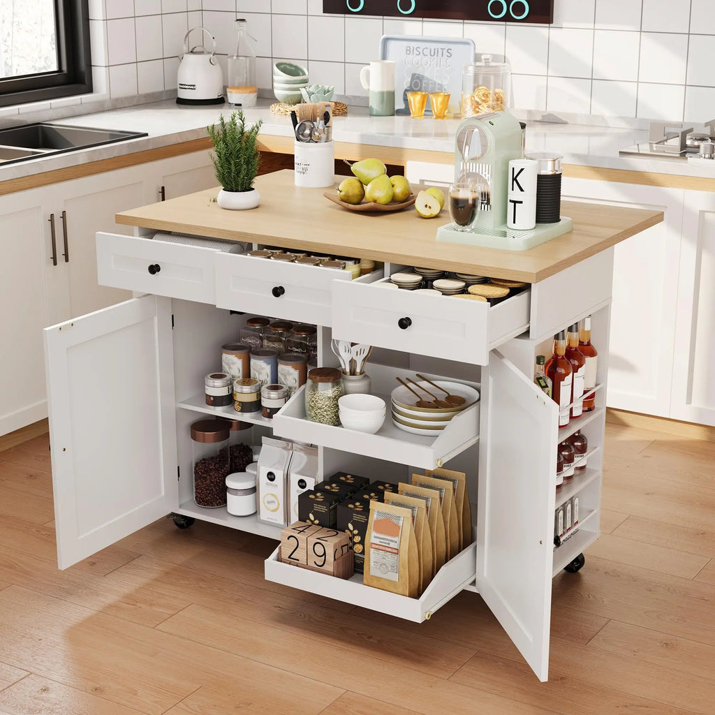 47.2 Inch Rolling Kitchen Island With Drop Leaf, Charging Station, Locking Wheels, Pull-Out Shelves, Drawers, Spice Rack & Storage