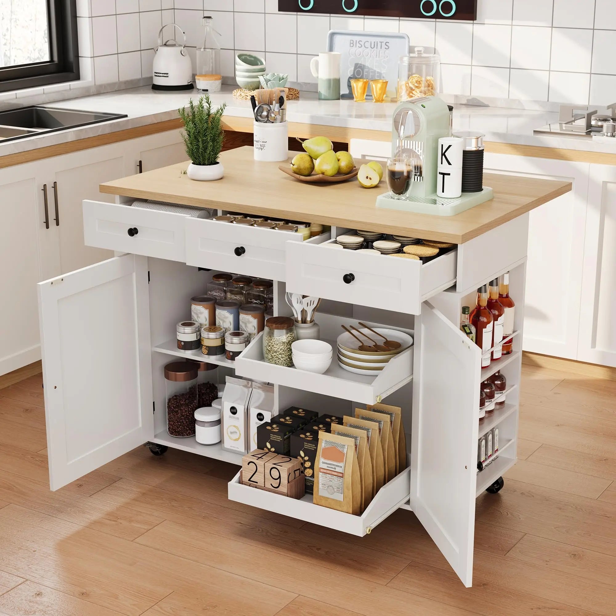 47.2 Inch Rolling Kitchen Island With Drop Leaf, Charging Station, Locking Wheels, Pull-Out Shelves, Drawers, Spice Rack & Storage