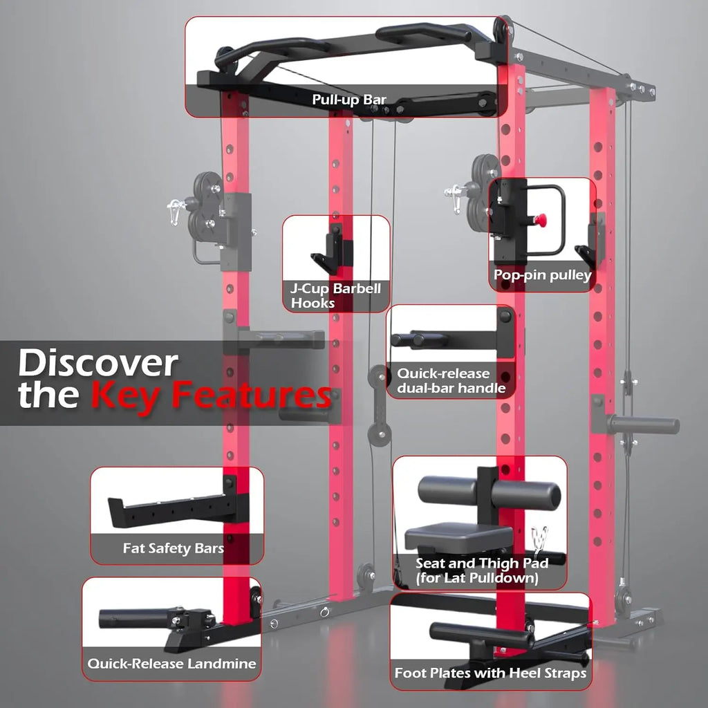 Power Rack with LAT Pulldown & Dual Pulley, 2000lbs Squat Rack for Home Gym, All-in-One Strength Training Cage with, Custom