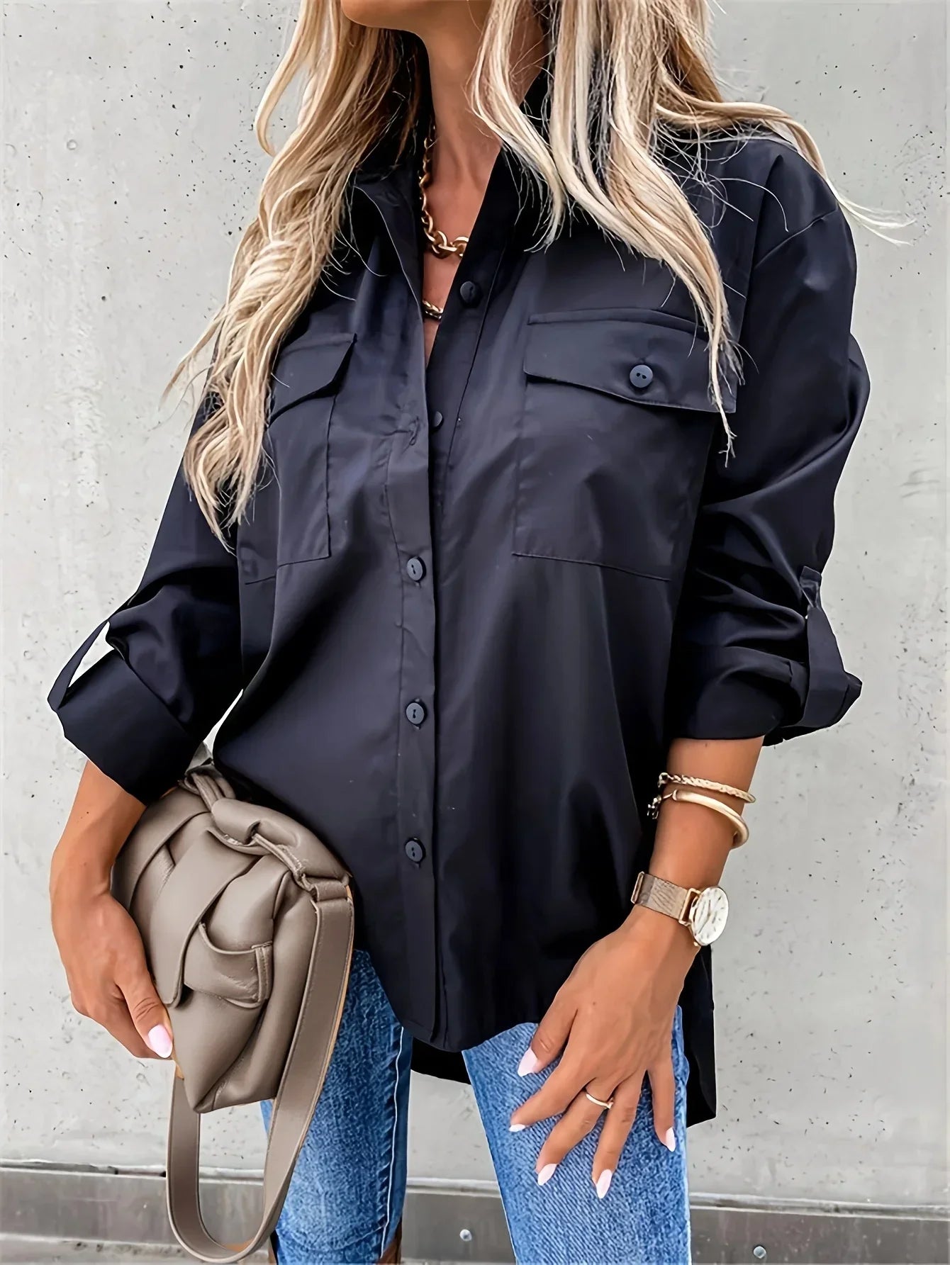 Plus Size 1XL-5XL Women Casual Loose and Simple Long Sleeved Shirt Fashion Solid Color Lapel Shirt Pocket Decoration Shirt