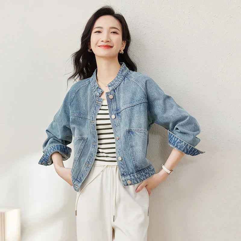 SENTUBILA Cropped Denim Jacket Coat For Women 2026 Spring Casual Stand Collar Long Sleeve Cotton Jeans Jackets Outwear W33W50369