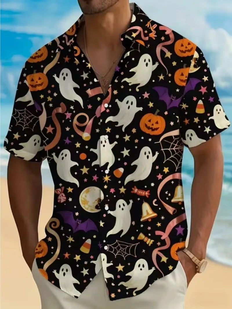 Men Halloween Headless Horseman Print Aloha Shirt Short Sleeve Button Down Spooky Pumpkin Horse Graphic Hawaiian Shirts Tops