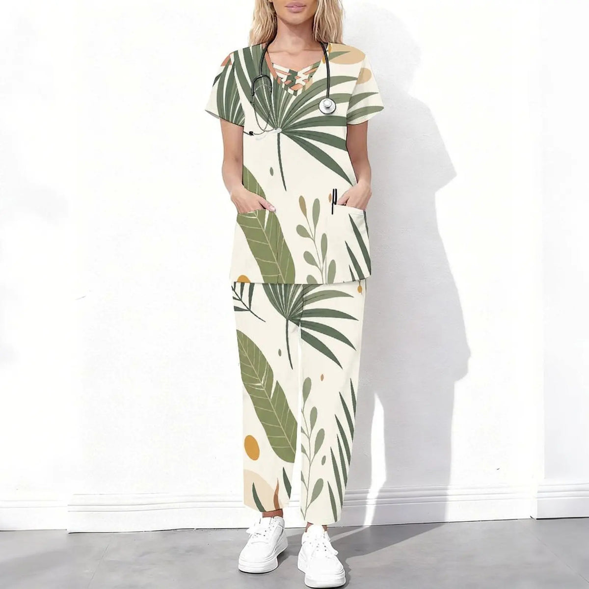 Women Abstract Fruit Leaf Print Short Sleeve Cutout Neck Scrub Set Pockets Top Long Pants Two Piece