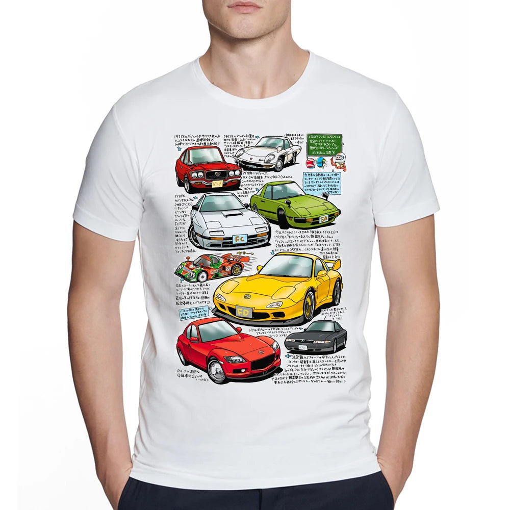 New Summer Men's Short Sleeve Iconic cars Skyline cartoon Kenmer Car Print T-Shirt White Casual Tops Hip Hop Cool Boy Tees