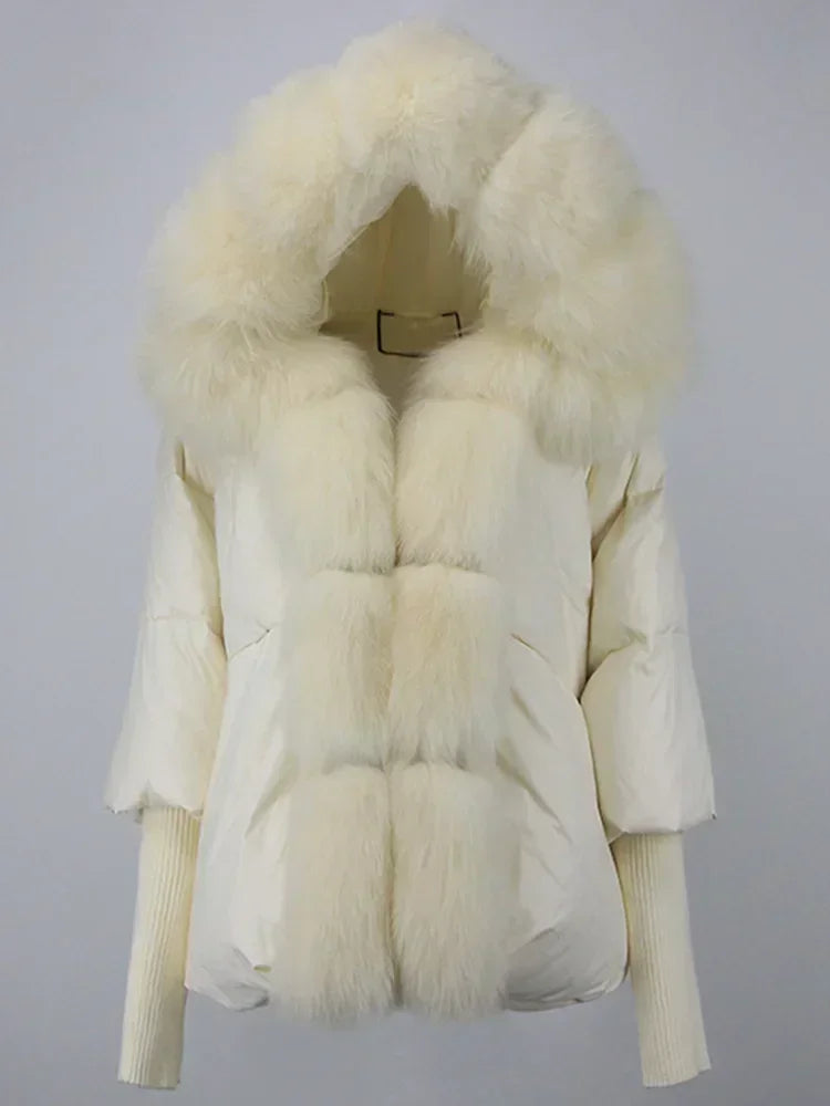2024 Winter Puffer Jacket Women Real Fox Fur Collar Hooded Natural Thick Warm Loose Oversize Duck Down Coat Streetwear Outerwear