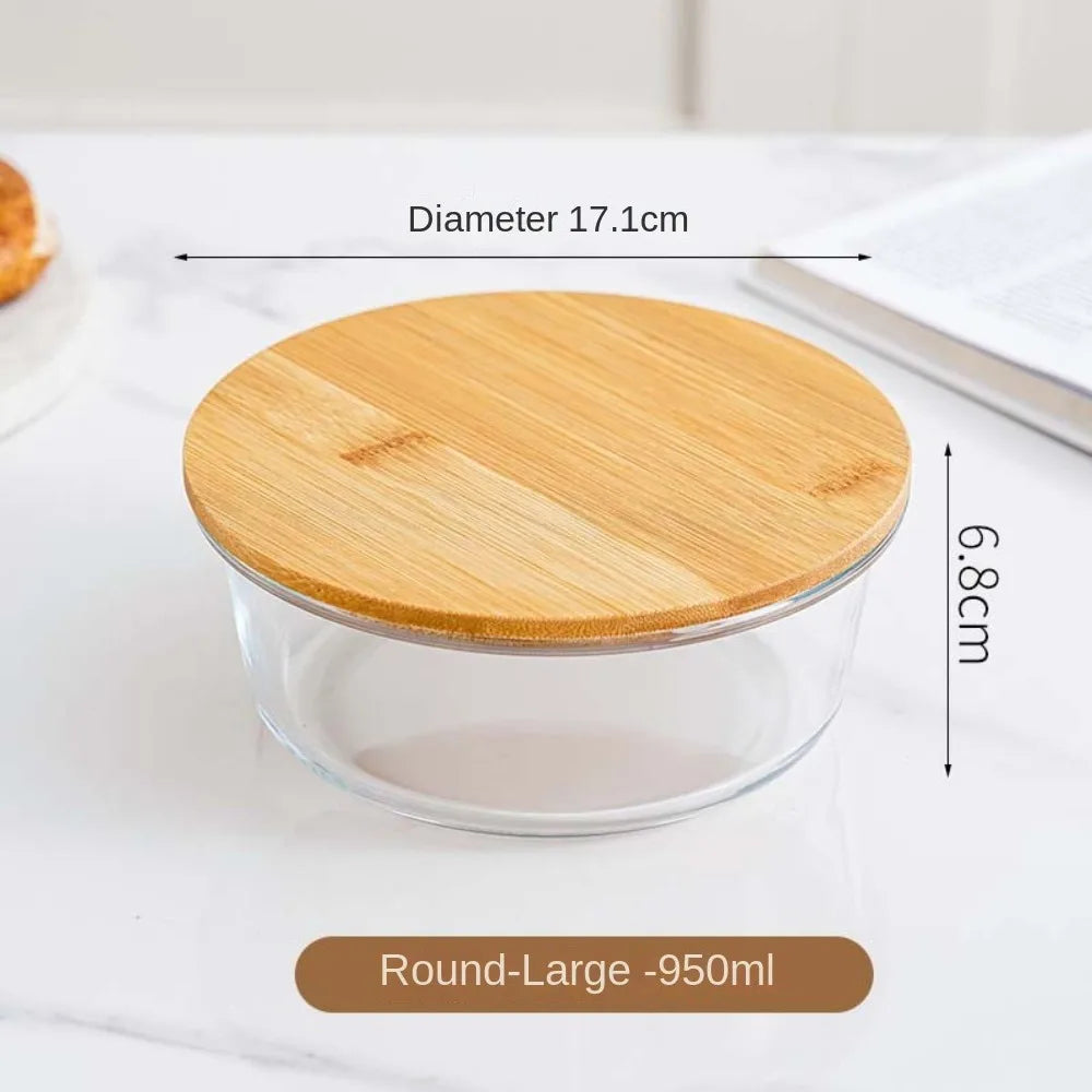 Glass Fresh-Keeping Box Heat-Resistant Bamboo Lid Microwave Oven Lunch Box Leakproof High Borosilicate Office Worker Bento Box