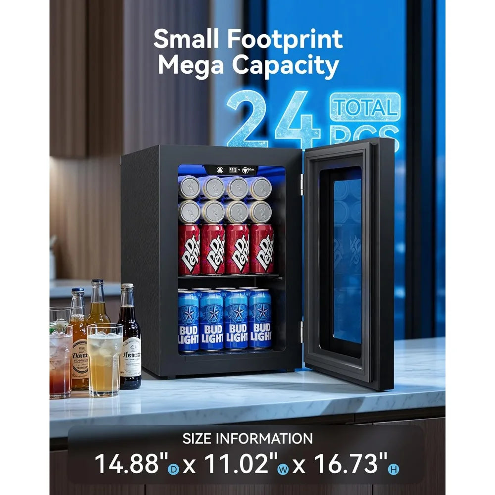0.6 Cu.ft Mini Fridge, Compressor Glass Door, 40-61°F, Freestanding for Office & Bedroom, Quiet, Low Energy, Holds Beverages
