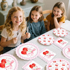 Sweet Cherry Party Disposable Tableware Pink Bow Gingham Plates Cups Napkins For Girl Happy Birthday Princess Baby Shower