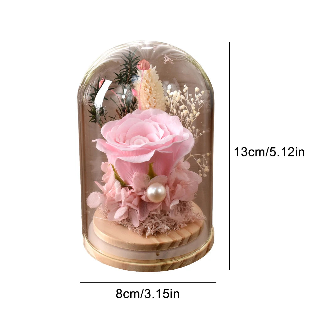 Little Artificial Rose Flowers Valentine's Day Flower Gift to Girlfriend Mother's Glass Dome Bell Jar at Valentine's Day Wedding