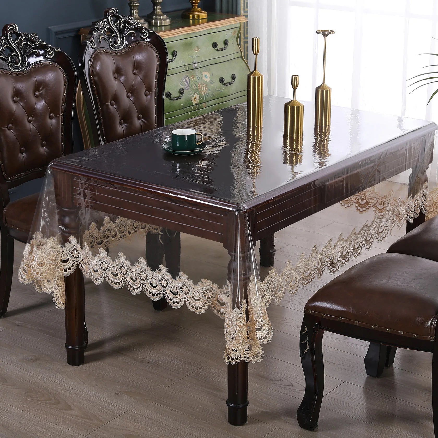 Clear Plastic Waterproof Tablecloth,Vinyl PVC Rectangle Table Cloth Oilproof Lace Table Cover for Dining Table Outdoor Decor