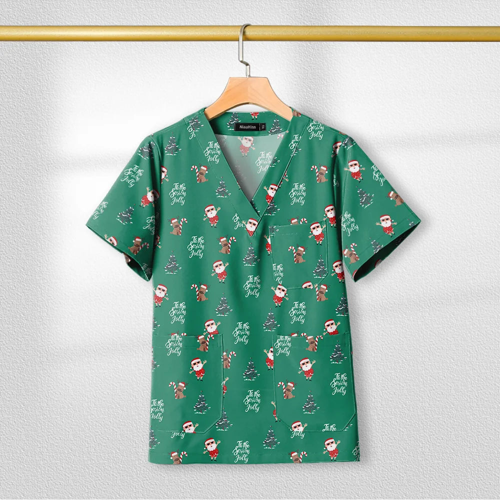 Short Sleeve V Neck Print Christmas Uniform Nursing Tops Male Scrub Nurse Working Uniforms T-Shirts Workwear Women Beauty Scrubs