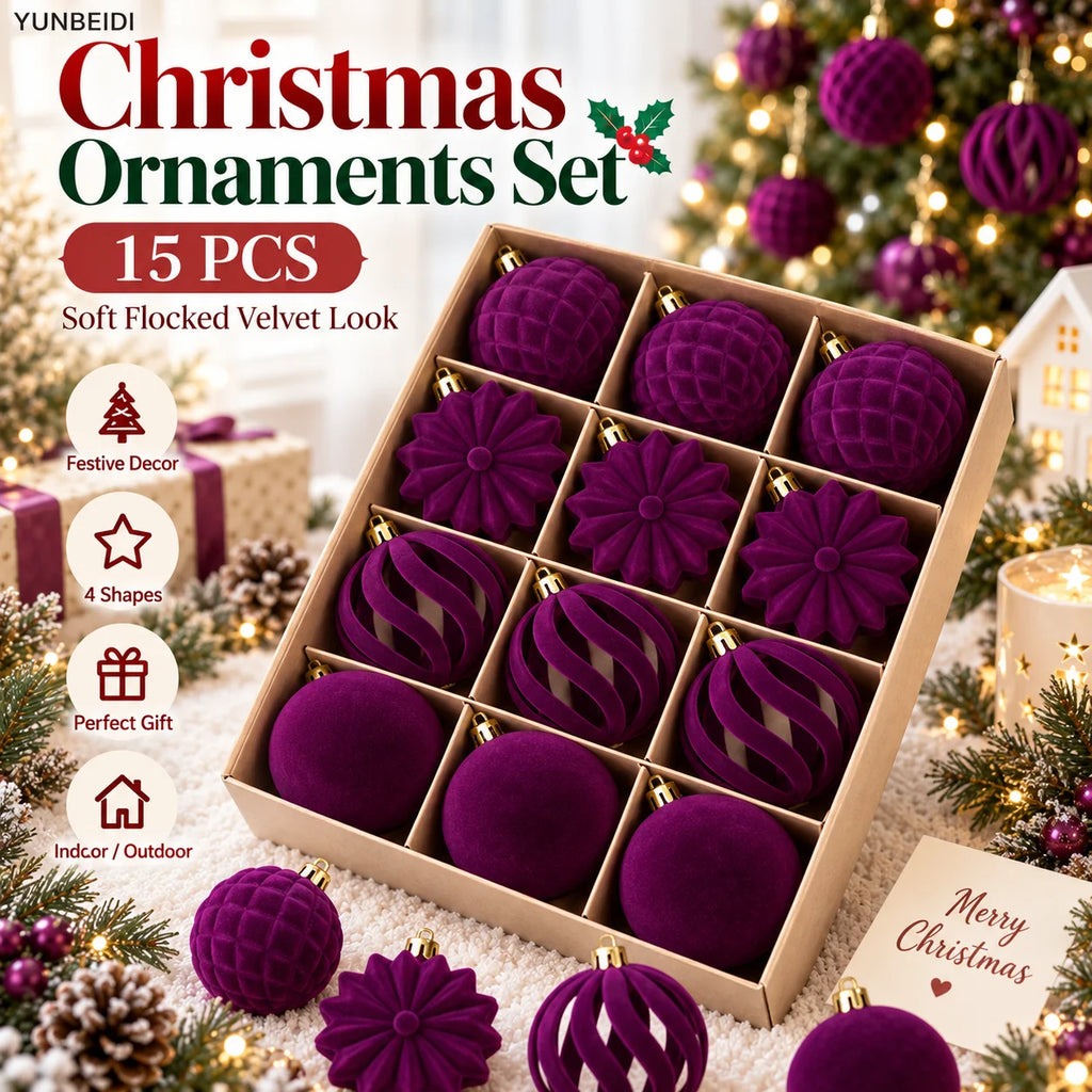 6CM Christmas Balls Set 15PCS Soft Velvet Flocked Ball Ornaments 4 Shapes Christmas Tree Decorations Home Gift Holiday Decor